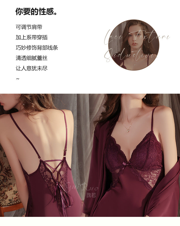 Sexy Deep-V Push-Up Lace & Satin Nightgown Sleepwear