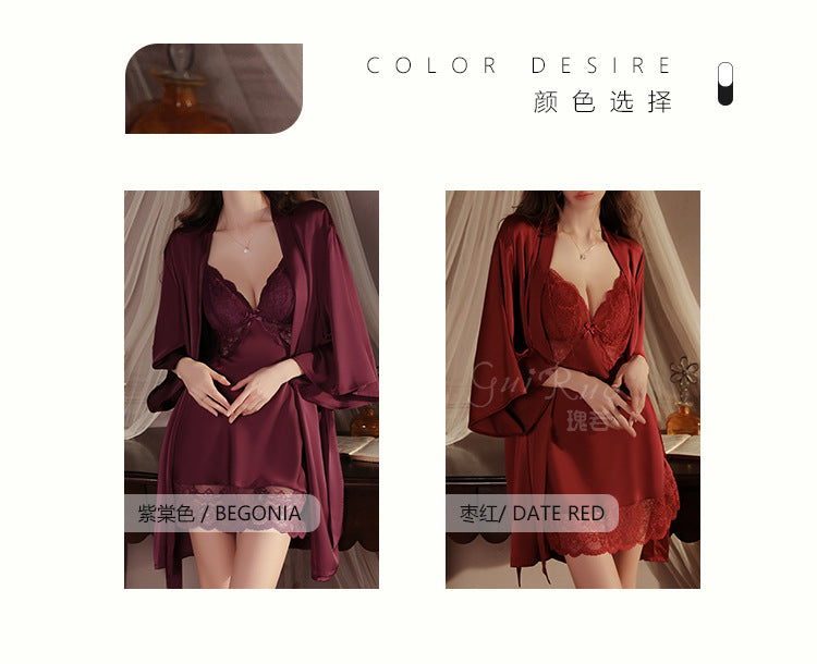 Sexy Deep-V Push-Up Lace & Satin Nightgown Sleepwear