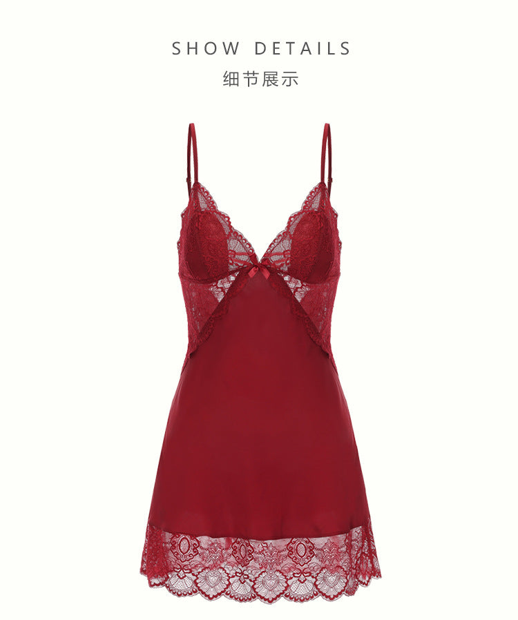 Sexy Deep-V Push-Up Lace & Satin Nightgown Sleepwear