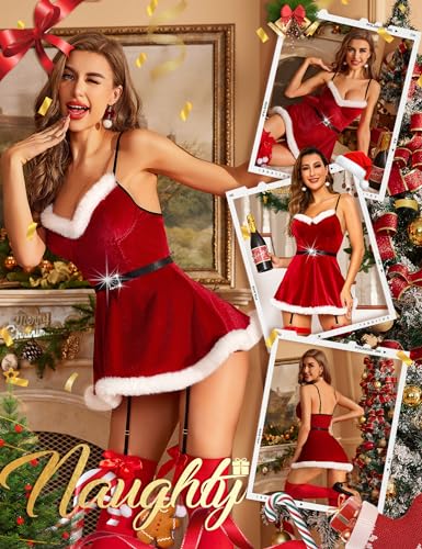 RSLOVE Christmas Dress for Women Santa Costume Babydoll with Suspender Belt Red