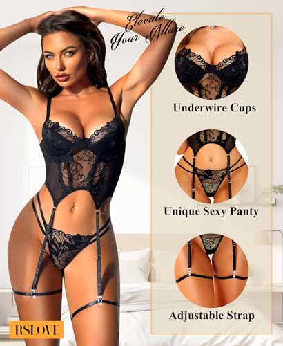 RSLOVE Lace Lingerie Set - Bra, Panty & Mesh Robe
