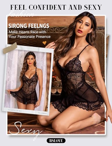 RSLOVE Mesh babydoll Lingerie for Women - Sexy Lace Chemise V Neck Sleepwear Mesh Nightgown Strap Nightwear Outfits Exotic Nightie