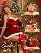 RSLOVE Christmas Dress for Women Santa Costume Babydoll with Suspender Belt Red