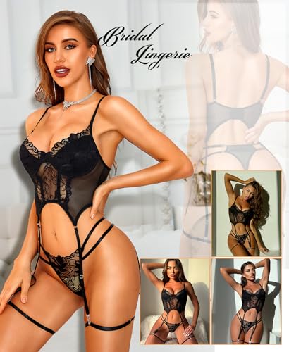 RSLOVE Lace Lingerie Set - Bra, Panty & Mesh Robe