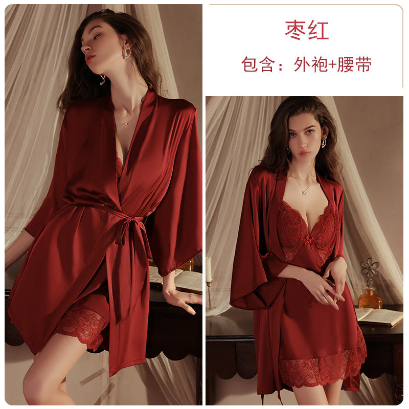 Sexy Deep-V Push-Up Lace & Satin Nightgown Sleepwear