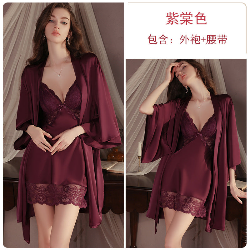 Sexy Deep-V Push-Up Lace & Satin Nightgown Sleepwear