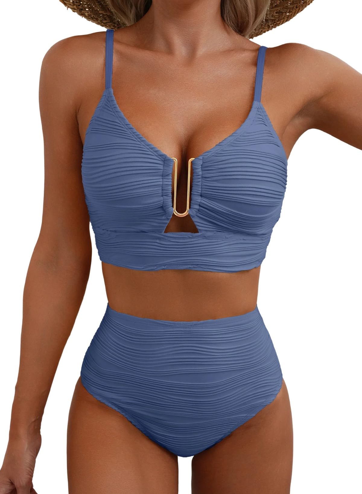 2 Piece Bikini Set U-Wire Cutout Popular Swimsuit High Waisted Textured 2026 Summer Beach Swim Bathing Suits