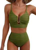 2 Piece Bikini Set U-Wire Cutout Popular Swimsuit High Waisted Textured 2026 Summer Beach Swim Bathing Suits