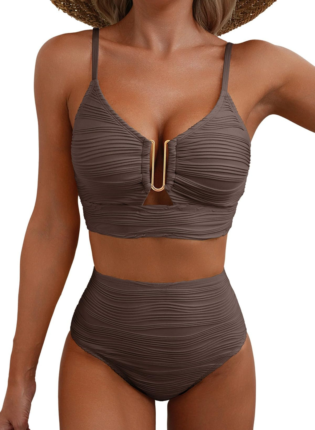 2 Piece Bikini Set U-Wire Cutout Popular Swimsuit High Waisted Textured 2026 Summer Beach Swim Bathing Suits