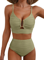 2 Piece Bikini Set U-Wire Cutout Popular Swimsuit High Waisted Textured 2026 Summer Beach Swim Bathing Suits