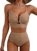 2 Piece Bikini Set U-Wire Cutout Popular Swimsuit High Waisted Textured 2026 Summer Beach Swim Bathing Suits
