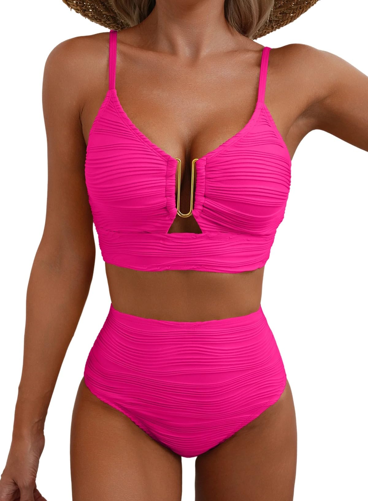 2 Piece Bikini Set U-Wire Cutout Popular Swimsuit High Waisted Textured 2026 Summer Beach Swim Bathing Suits