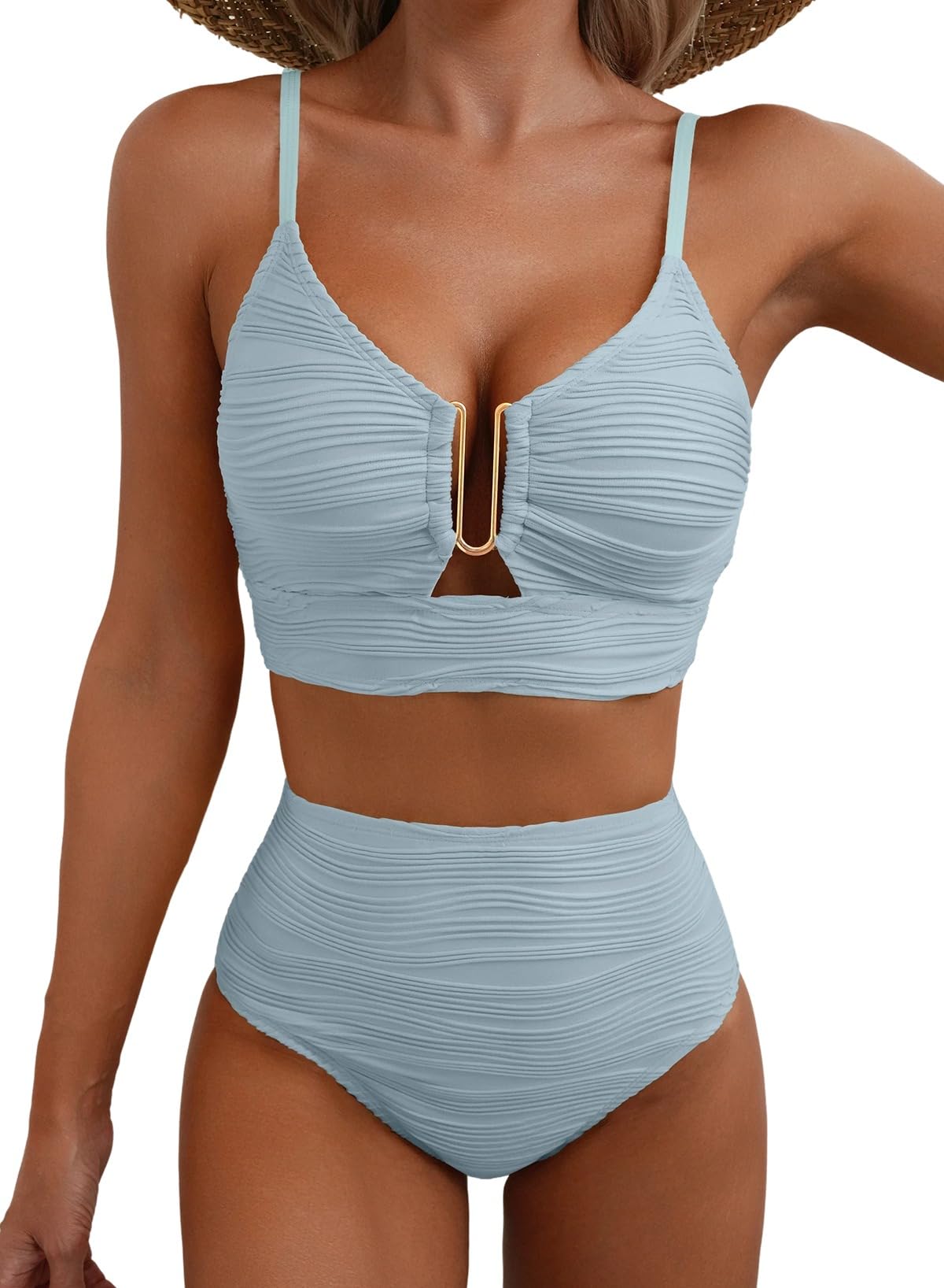 2 Piece Bikini Set U-Wire Cutout Popular Swimsuit High Waisted Textured 2026 Summer Beach Swim Bathing Suits