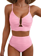 2 Piece Bikini Set U-Wire Cutout Popular Swimsuit High Waisted Textured 2026 Summer Beach Swim Bathing Suits