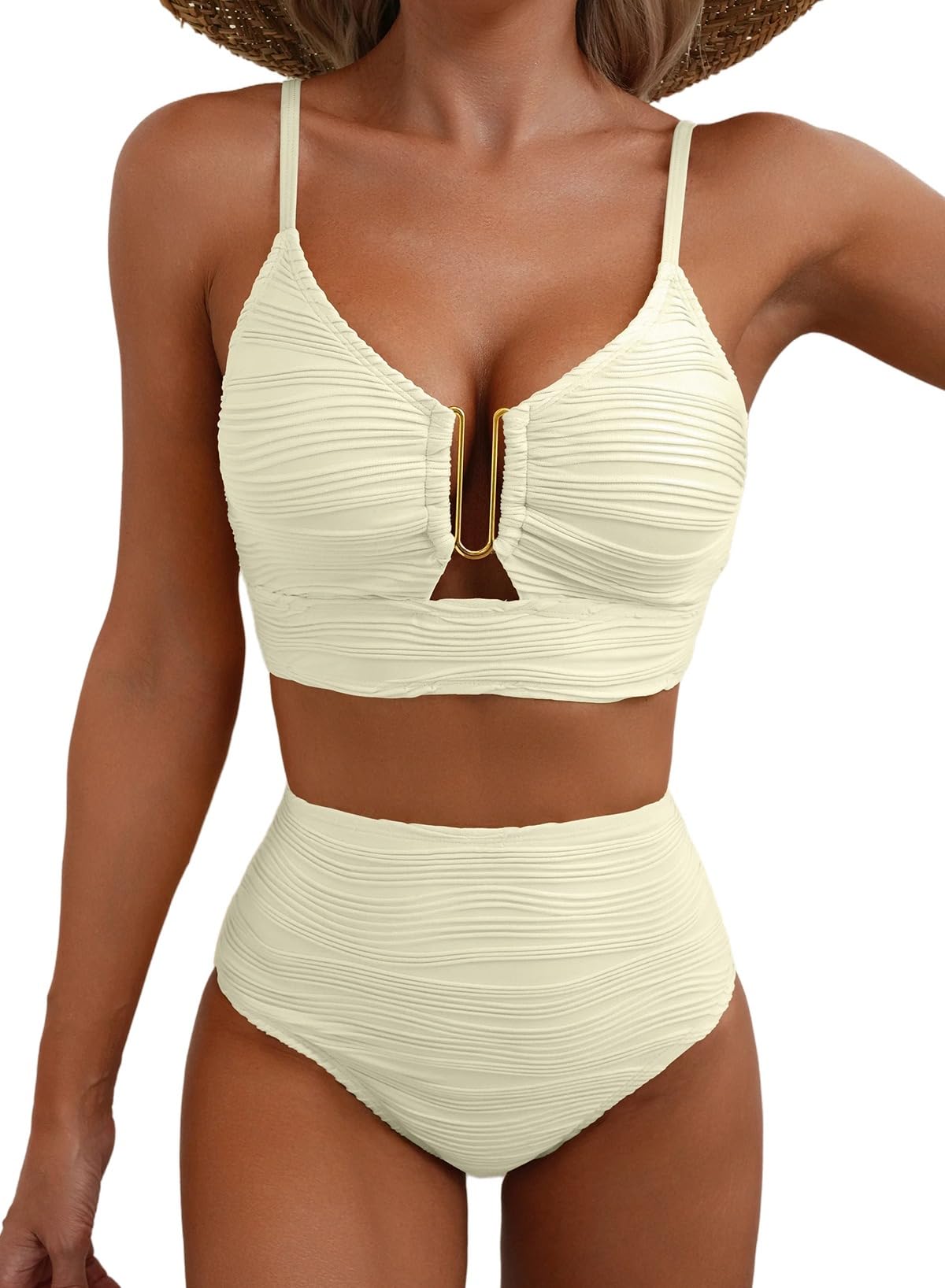 2 Piece Bikini Set U-Wire Cutout Popular Swimsuit High Waisted Textured 2026 Summer Beach Swim Bathing Suits